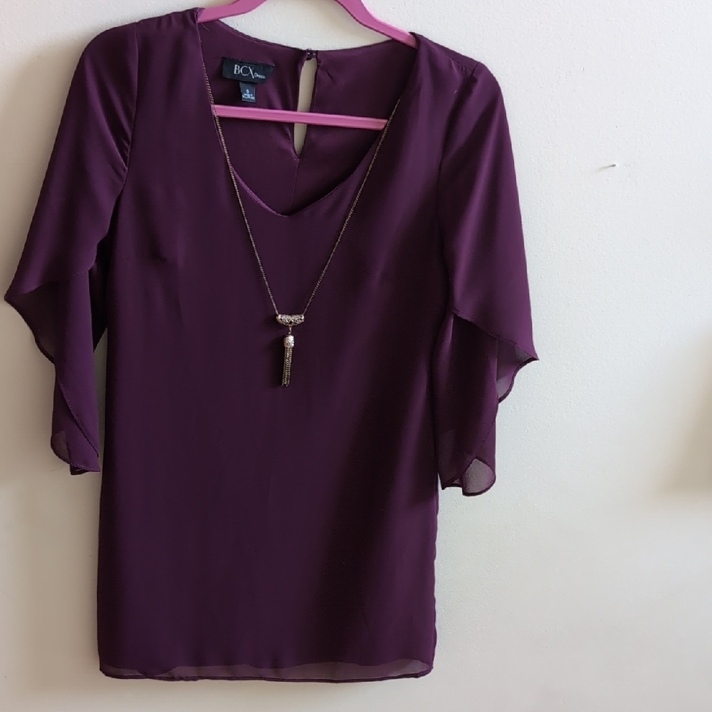 BCX Purple Asymmetrical Flutter Sleeve Blouse